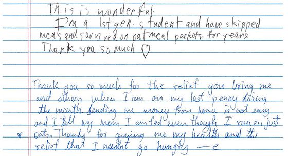 Two notes from college students thanking the college food pantry for helping