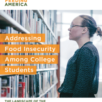 Photo of college student in library, superimposed with Addressing Food Insecurity Among College Students