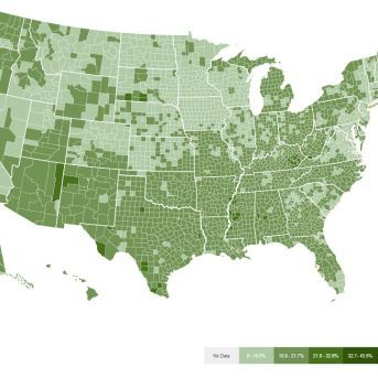 map of all the counties in the U.S. colored based on the food insecurity rate of each county.