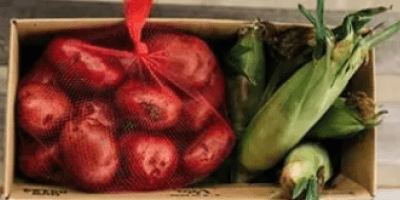 A box of fresh food - potatoes, corn
