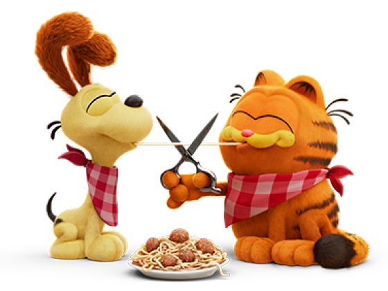 Garfield and Odie sharing a plate of spaghetti.