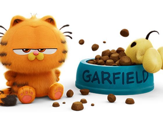 Garfield next to a bowl of cat food.