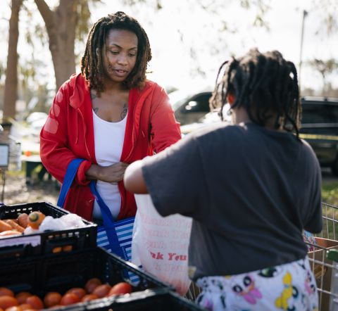 A woman with her daughter grabbing produce at an outdoor food distribution site.