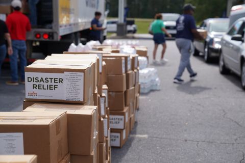Boxes of disaster relief at a food distribution site.