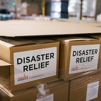 A stack of boxes labeled "disaster relief."