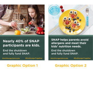 Graphic Option 1: Photo of a pre-teen helping make a salad. Text reads: Nearly 40% of SNAP participants are kids. End the shutdown and fully fund SNAP. Option 2: Photo of smiley pancakes and fruit. Text reads: SNAP helps parents avoid allergens and meet their kids' nutrition needs. End the shutdown and fully fund SNAP.