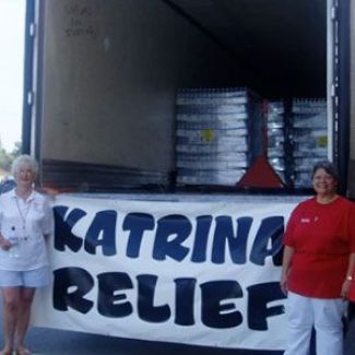 A truck with a banner that says Katrina Relief.