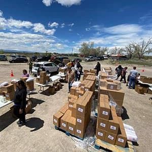 A food distribution on a Native American reservation in Wyoming.