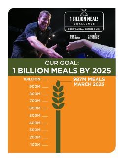 Thermometer showing 987 million meals progress as of 03/2023