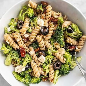 Pasta salad with broccoli and olives created by Beth Moncel of Budget Bytes
