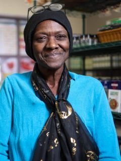 An elderly woman at a food pantry at a hospital in Indiana
