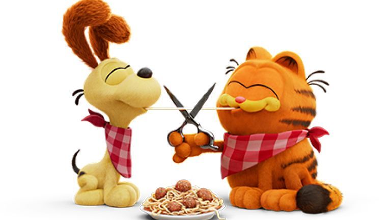 Garfield and Odie sharing a plate of spaghetti.