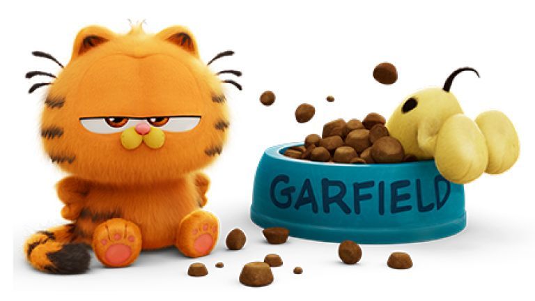 Garfield next to a bowl of cat food.