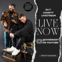 Flyer promoting the 24/7 charity livestream on Overnight's YouTube channel