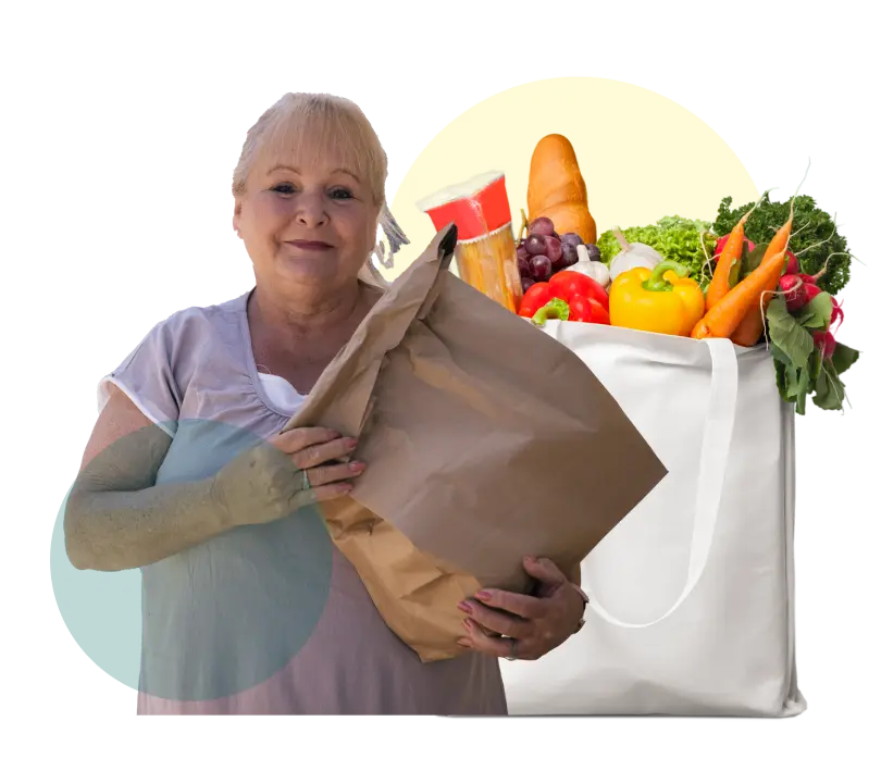 Smiling woman with a bag of produce as a background