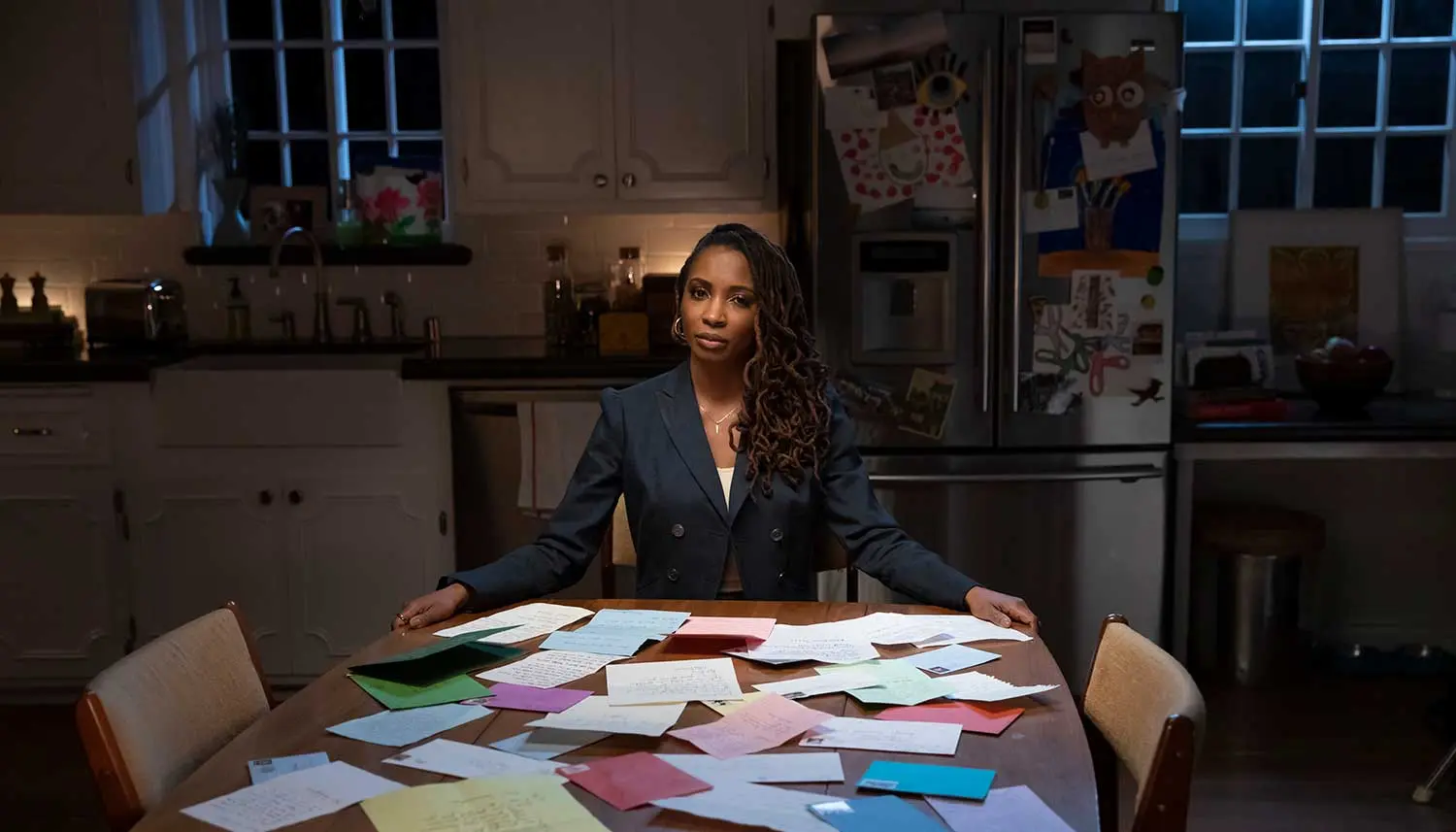 Shanola Hampton at a kitchen table cpvered in letters.