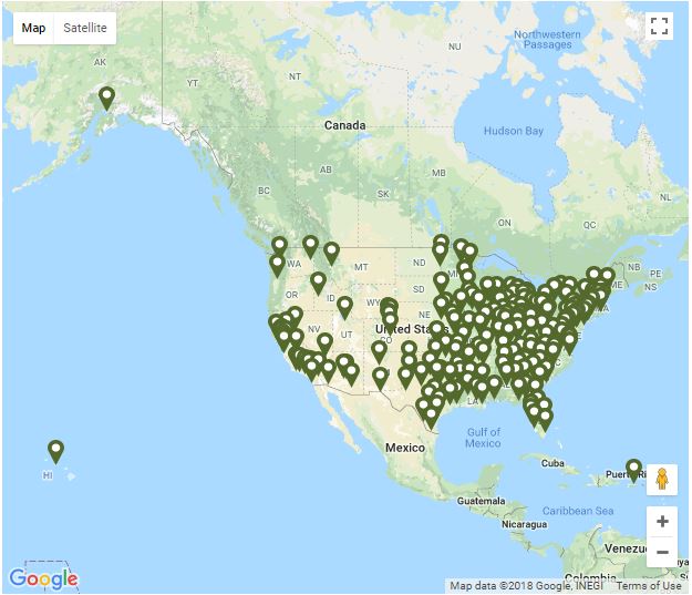 Mapa de los USA con los pines del banco de alimentos